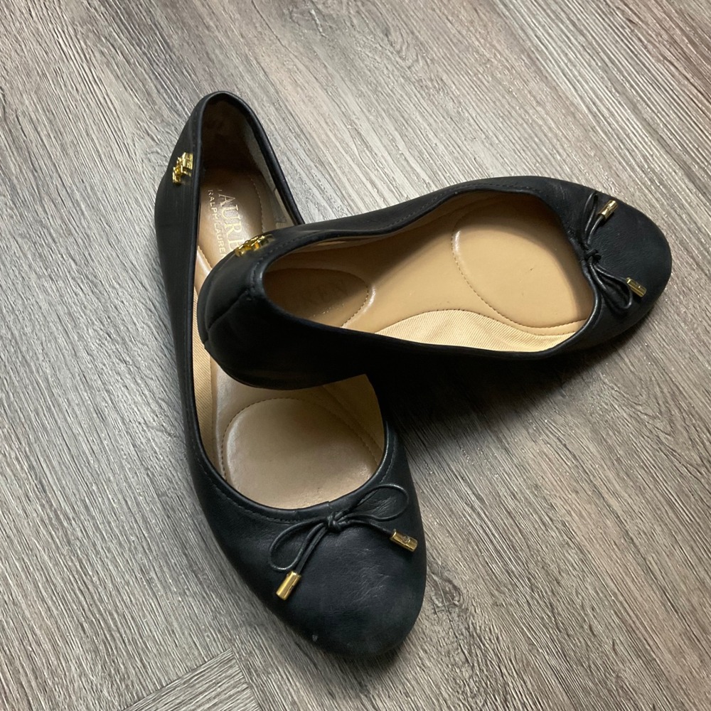 Lauren Ralph Lauren Jayna Ballet Flats Womens 6 Black Gold Hardware Bow Leather